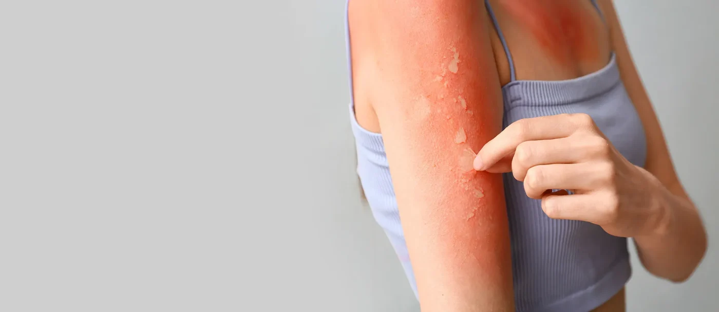 Severe sunburn with peeling skin on a woman's arm, showing sun exposure effects on Skin