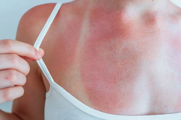 Close-up of a person with severe sunburn on the chest and shoulder. Visible red skin highlights the risks of UV radiation skin cancer.